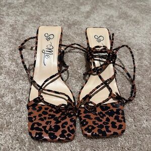 Leopard Print Lace-Up Heeled Sandals | Square Toe | Size 7.5
